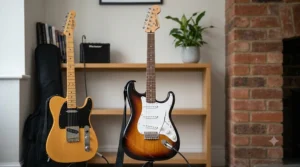 A high-detail comparison image showing two popular beginner electric guitar body shapes side by side in a room with a brick fireplace: a classic vintage-style single-cutaway guitar on the left and a sunburst double-cutaway guitar on the right.