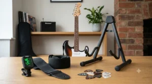 A selection of essential accessories for a beginner electric guitar laid out on a light wooden table, including a digital clip-on tuner displaying an E note, a black guitar strap, a black guitar stand, and a collection of various plectrums.