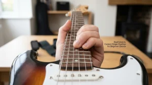 A first-person perspective looking down the fretboard of a sunburst beginner electric guitar, showing the correct finger position for playing chords with fingertips pressed firmly behind the fret wires.
