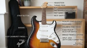 A detailed diagram focusing on the body section of a beginner electric guitar to explain pickup types, highlighting the three white single-coil pickups, the pickguard, control knobs, and the pickup selector switch.