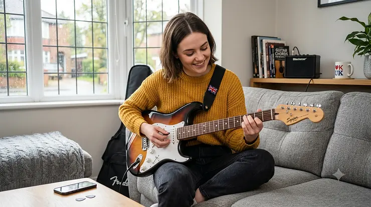 A photorealistic image of a young British woman smiling while sitting on a grey sofa in a modern UK living room, playing a sunburst beginner electric guitar. A Blackstar practice amplifier, guitar chord books, and a mug are visible on a wooden shelf in the background, with natural overcast British light coming through a leaded window.