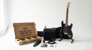 An affordable all-in-one electric guitar starter pack displayed neatly against a white background for UK beginner musicians.