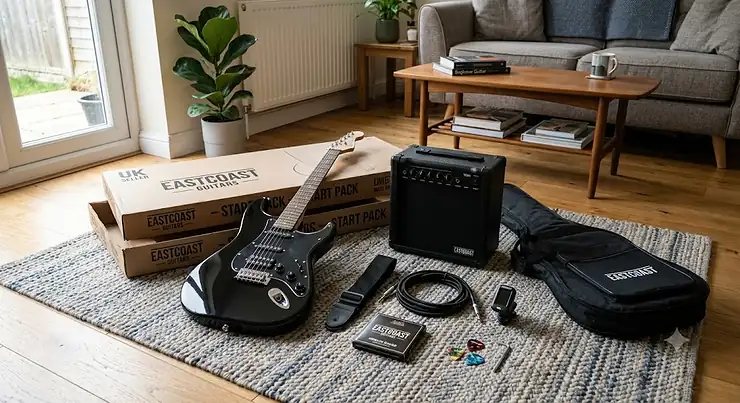 A complete electric guitar starter pack unboxed on a living room rug, showing a black guitar, small amplifier, gig bag, strap, and lead.
