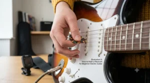 A close-up, high-detail shot demonstrating how to hold a plectrum correctly. A guitarist's hand grips a tortoiseshell plectrum between the thumb and index finger, positioned over the strings and single-coil pickups of a beginner electric guitar.