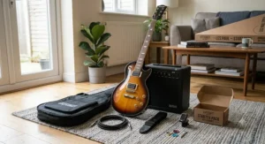 A budget-friendly Les Paul style electric guitar starter pack including a dual-channel amplifier and accessories for beginners.