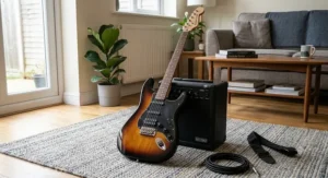 Sunburst Stratocaster style electric guitar from a beginner starter pack leaning against a compact practice amplifier.