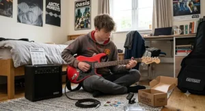 A British teenager sitting in their bedroom practicing chords on a red electric guitar from a beginner starter pack.