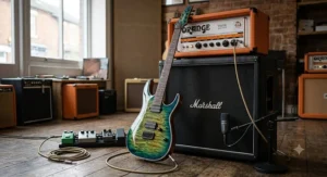 A modern 7-string electric guitar leaning against a high-gain British valve amplifier stack.