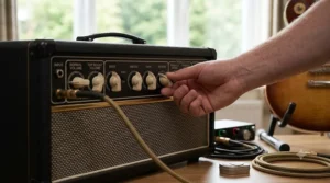 A sound engineer adjusting the EQ knobs on a classic British guitar amplifier to get the perfect tone from an electric guitar for recording.