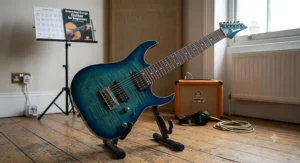 An affordable budget 7-string electric guitar ideal for UK players starting with extended range instruments.