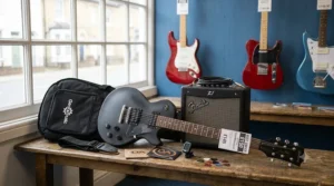 A complete beginner electric guitar starter pack under 150 pounds featuring a guitar, small practice amplifier, gig bag, strap, and plectrums.