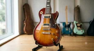 A classic cherry sunburst single cutaway electric guitar priced under 400 pounds, highlighting the pickups and control knobs.