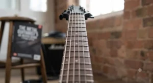 Detailed view of a 27-inch scale length neck on a 7 string guitar for heavy metal playing.