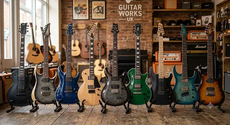 A lineup of the best 7-string electric guitars for UK musicians displayed on guitar stands. best 7 string guitar