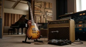 Close-up of a high-quality electric guitar for recording in a UK commercial studio, positioned on a stand next to a valve amplifier.