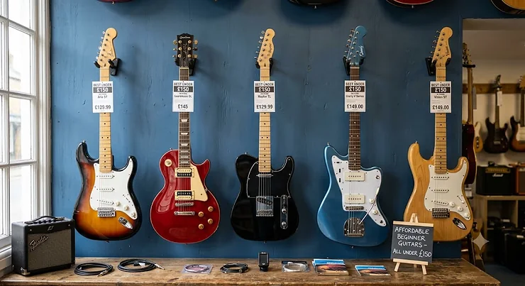 A selection of affordable beginner electric guitars under 150 pounds available in the UK, showcasing different shapes and finishes. electric guitar under £150