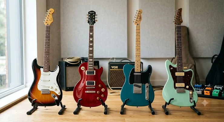 A selection of the best electric guitars under 400 pounds available for UK musicians, arranged on stands against a neutral studio background. electric guitar under £400