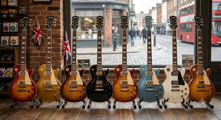 A lineup of the best Epiphone Les Paul electric guitars available in the UK, showcasing different finishes.