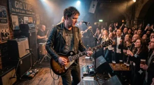A British musician playing an Epiphone Les Paul live on stage at a UK music venue.