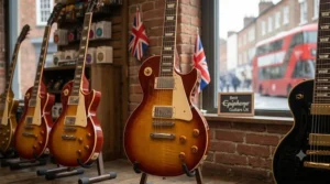 Close-up of an Epiphone Les Paul Standard 60s in Bourbon Burst on display in a British guitar shop.