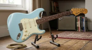 Squier by Fender Classic Vibe 60s Stratocaster in sonic blue, a top-rated budget-friendly option for the best Fender Stratocaster experience on a budget.