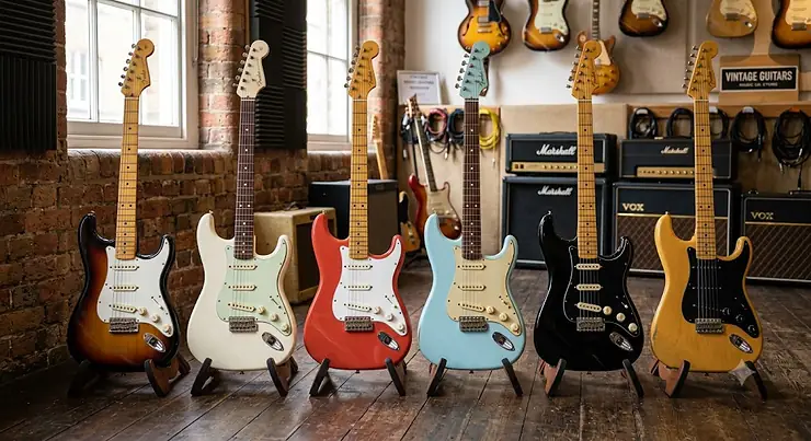 A lineup of the best Fender Stratocaster electric guitars available in the UK, showcasing various classic colours including sunburst and Olympic white.