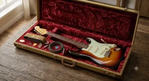 A sunburst Fender Stratocaster resting inside a plush tweed hard case alongside a guitar strap, plectrums, and a lead, showing the best Fender Stratocaster setup.