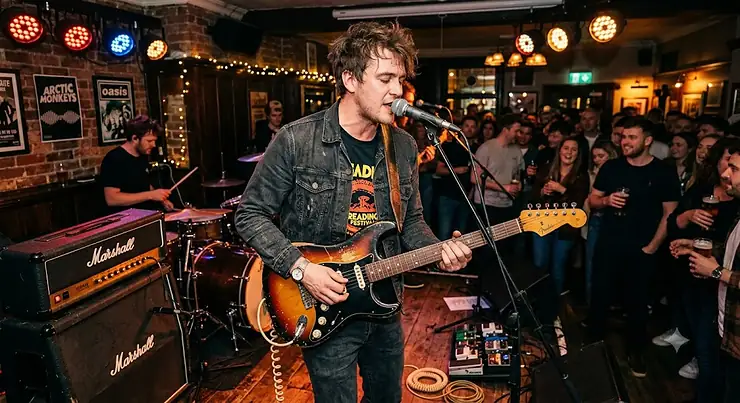 A musician playing a gigging electric guitar on stage at a lively British pub venue.