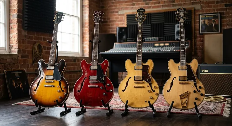 Selection of the best semi-hollow guitars for jazz displayed on stands in a British recording studio