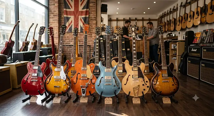 Selection of the best semi-hollow electric guitars displayed on stands in a UK music shop
