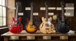 Illustration comparing popular body shapes and features to help choose the best semi-hollow for blues.