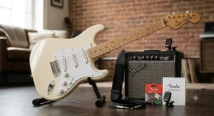 Squier Affinity Series Stratocaster in Olympic White with a maple fretboard, showcasing a budget-friendly and versatile electric guitar.