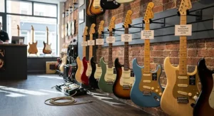 A selection of the best Squier Stratocaster electric guitars lined up on display inside a British music shop showroom.