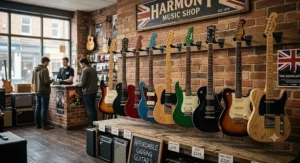 A selection of affordable gigging electric guitars displayed on wall hangers inside a UK music shop.