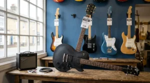 A black single-cut Les Paul style electric guitar suitable for budget-conscious UK musicians looking for a heavy rock sound.