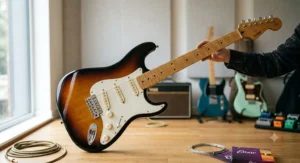 A sunburst Stratocaster style electric guitar under 400 pounds, perfect for British beginners and intermediate players.