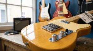 Detailed view of the humbucker pickups, volume control, and tone knobs on an affordable electric guitar costing less than 150 pounds.