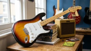 A sunburst finish Stratocaster style electric guitar under 150 pounds, ideal for British students and beginner rock guitarists.
