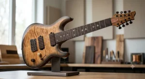 Handcrafted boutique 8 string electric guitar showcasing a figured maple top and natural wood finish