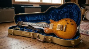 An open tweed hardcase revealing a custom-designed professional electric guitar ready for touring.