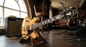 D'Angelico Premier DC double-cutaway semi-hollow guitar, featuring a favourite neck profile for expressive blues solos.
