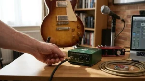 A musician plugging an electric guitar for recording directly into a British-engineered active DI box for a clean direct input signal.