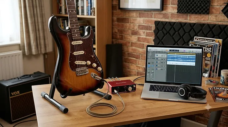 An electric guitar for recording setup in a British home studio, showing a Fender Stratocaster connected to an audio interface next to a laptop.