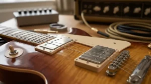Detailed view of the humbucker pickups on an electric guitar for recording, optimized for a thick and warm hum-free studio tone.