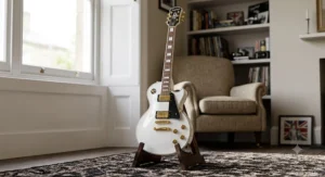 An Epiphone Les Paul Custom guitar in alpine white featuring multi ply binding and gold hardware