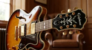 Epiphone Sheraton II PRO semi-hollow guitar showing intricate headstock inlay and dual humbucker pickups