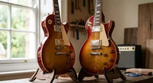 Side by side look at the polyurethane finish on an Epiphone vs the nitrocellulose lacquer on a Gibson Les Paul