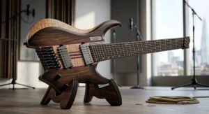 Modern headless 8 string electric guitar designed for ergonomic balance and lightweight gigging