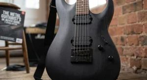 Evertune bridge on a seven string metal guitar ensuring tight low B tuning stability.
