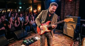 A British blues guitarist performing live on stage with a red Stratocaster electric guitar.